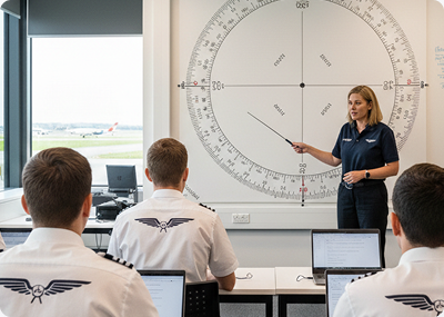 Flight school instructor teaching student pilots in a classroom